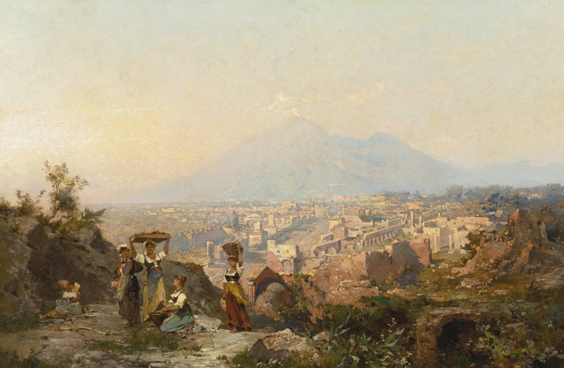 Hand-painted pompeii hill view with figures and ruins landscape oil painting on canvas