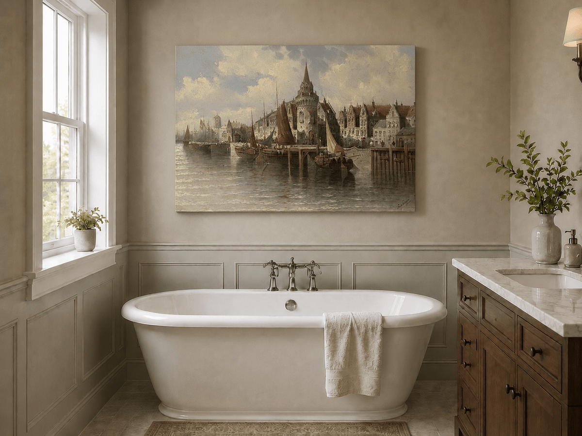 Landscape Oil Painting - Port Town Spired Tower: Sailing Ships