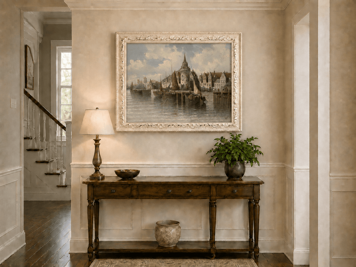 Landscape Oil Painting - Port Town Spired Tower: Sailing Ships