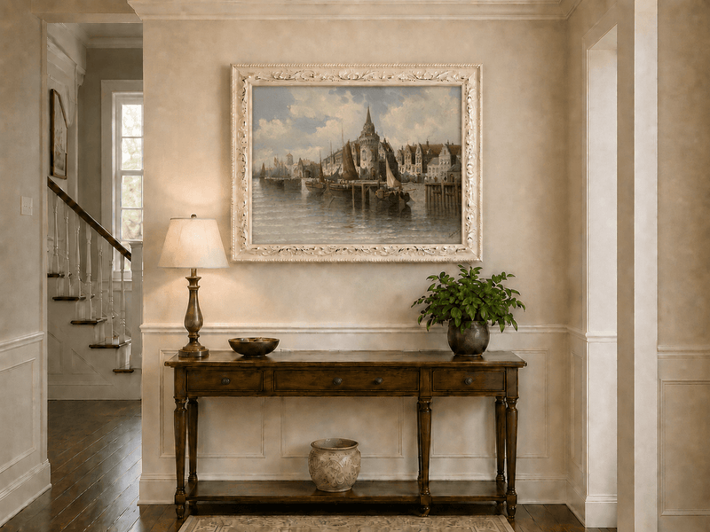 Landscape Oil Painting - Port Town Spired Tower: Sailing Ships