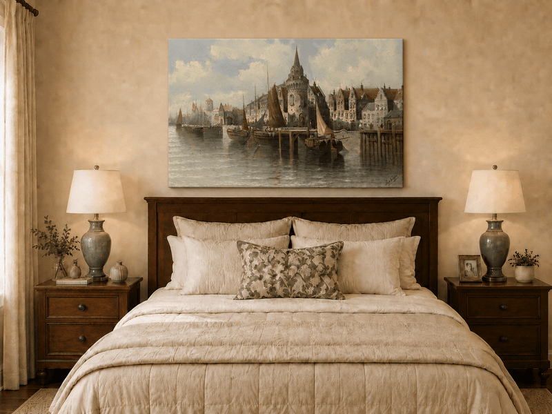 Landscape Oil Painting - Port Town Spired Tower: Sailing Ships