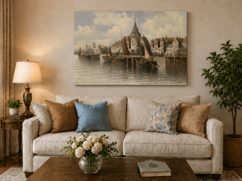 Landscape Oil Painting - Port Town Spired Tower: Sailing Ships