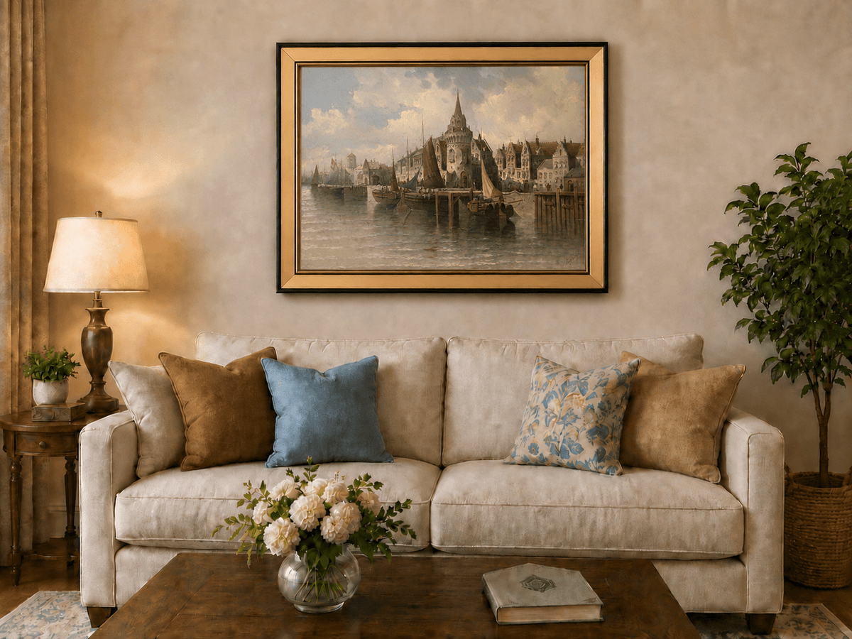 Landscape Oil Painting - Port Town Spired Tower: Sailing Ships