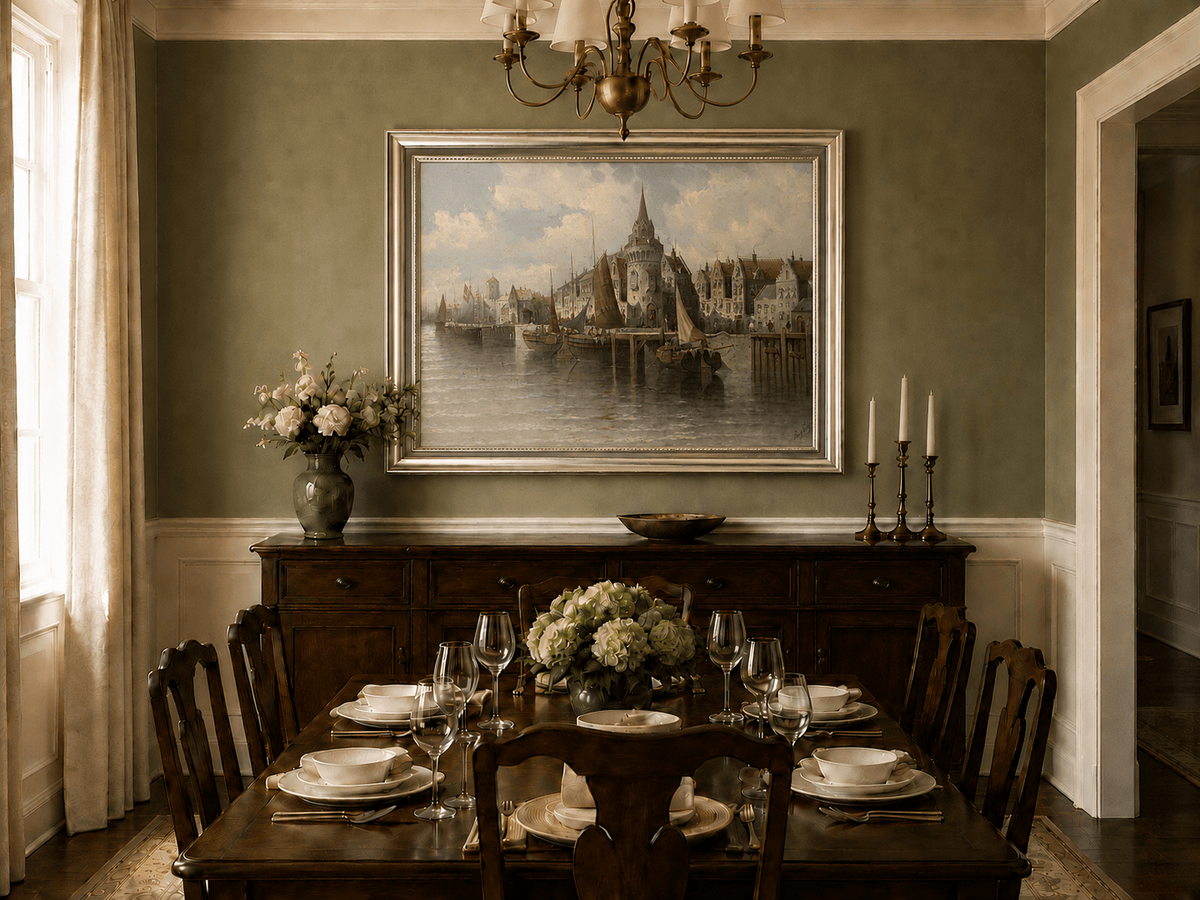 Landscape Oil Painting - Port Town Spired Tower: Sailing Ships