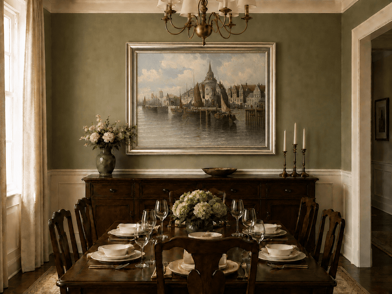 Landscape Oil Painting - Port Town Spired Tower: Sailing Ships