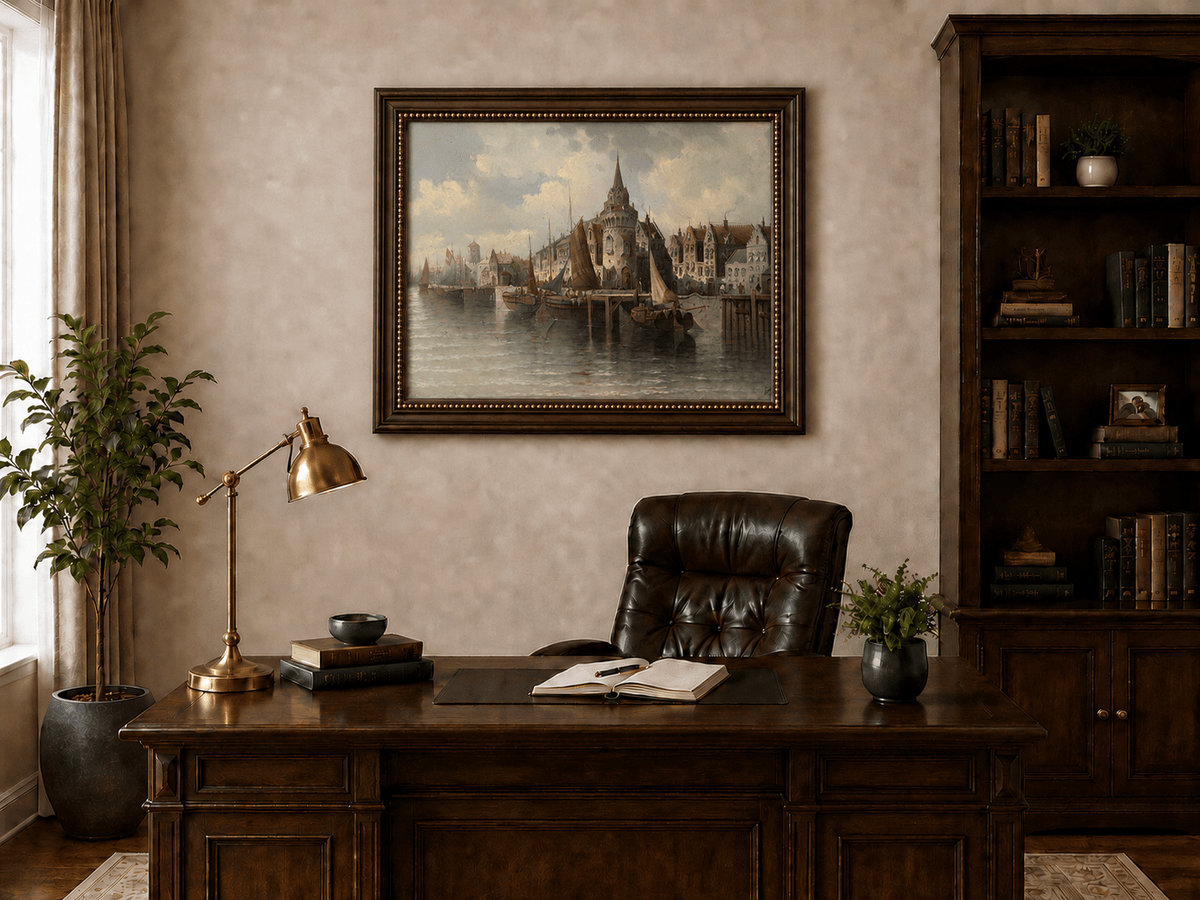Landscape Oil Painting - Port Town Spired Tower: Sailing Ships
