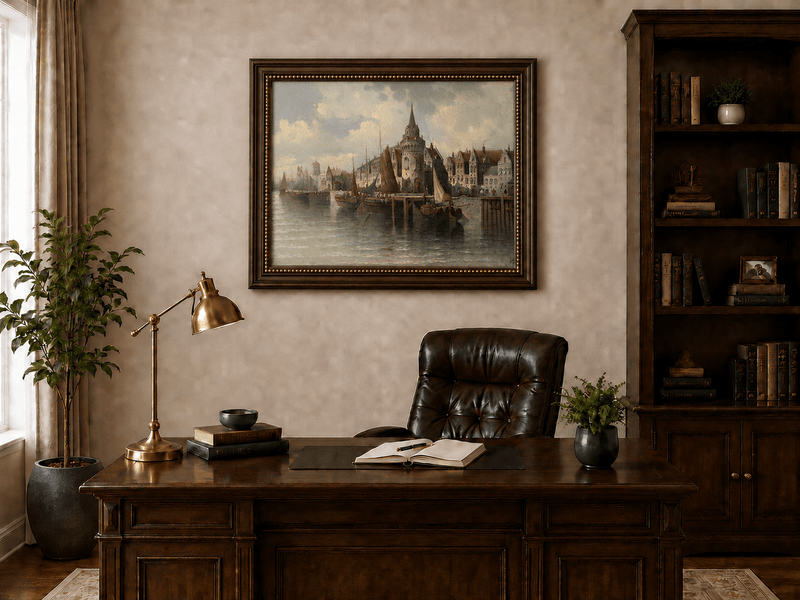 Landscape Oil Painting - Port Town Spired Tower: Sailing Ships