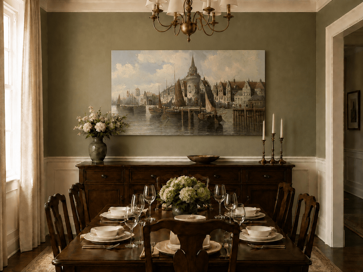 Landscape Oil Painting - Port Town Spired Tower: Sailing Ships