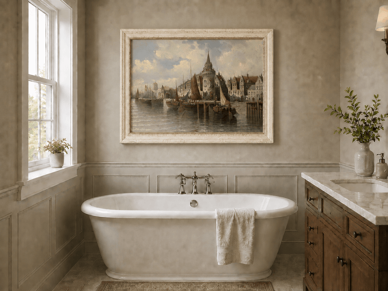 Landscape Oil Painting - Port Town Spired Tower: Sailing Ships