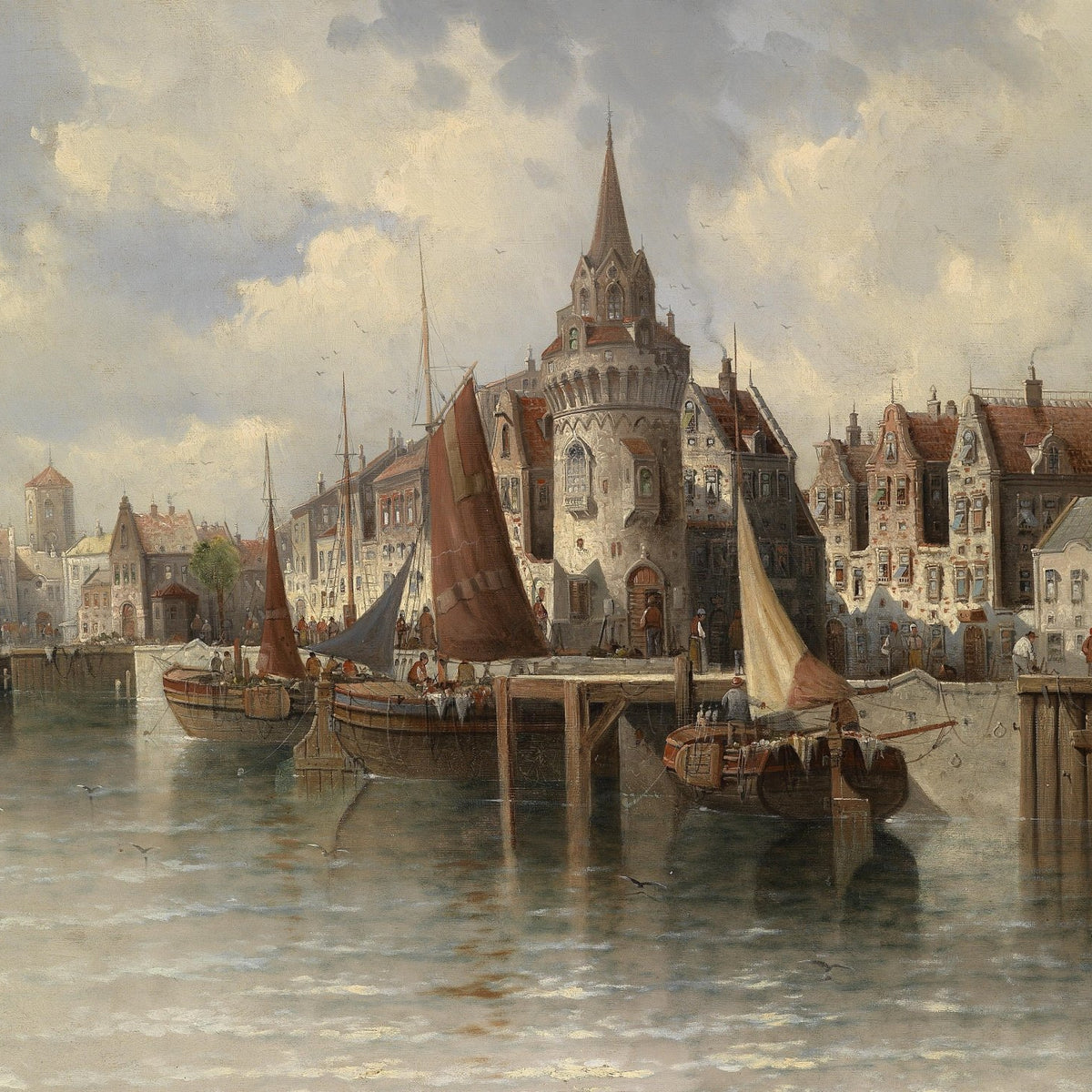 Landscape Oil Painting - Port Town with Spired Tower: Sailing Ships - Oil Painting Haven