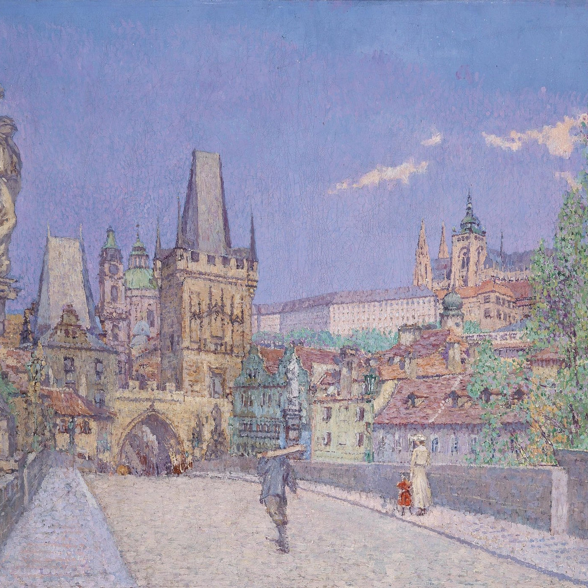 Hand-painted prague bridge and historic city view landscape oil painting on canvas
