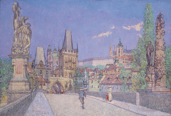 Hand-painted prague bridge and historic city view landscape oil painting on canvas