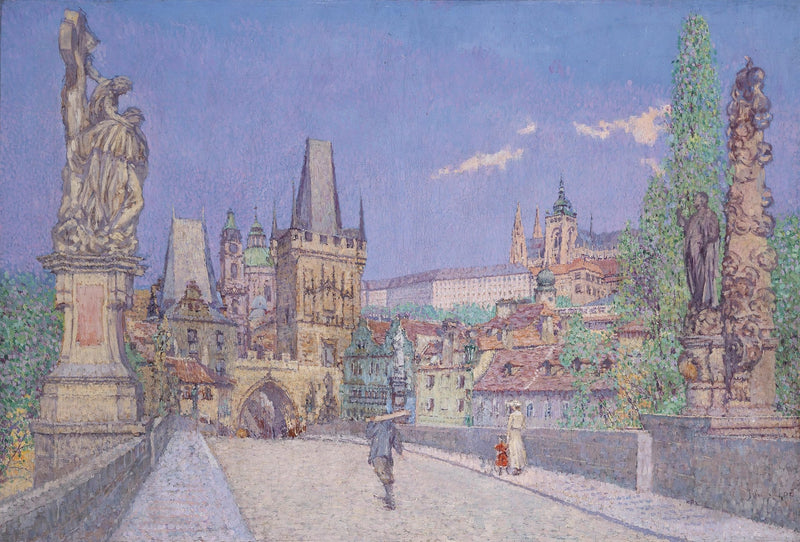 Hand-painted prague bridge and historic city view landscape oil painting on canvas