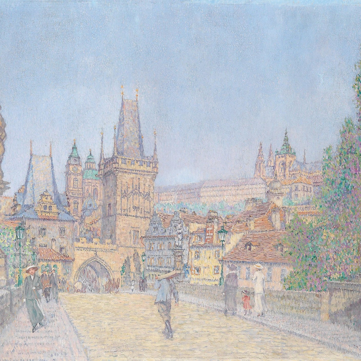 Landscape Oil Painting - Prague Bridge View with Spring Blossoms - Oil Painting Haven