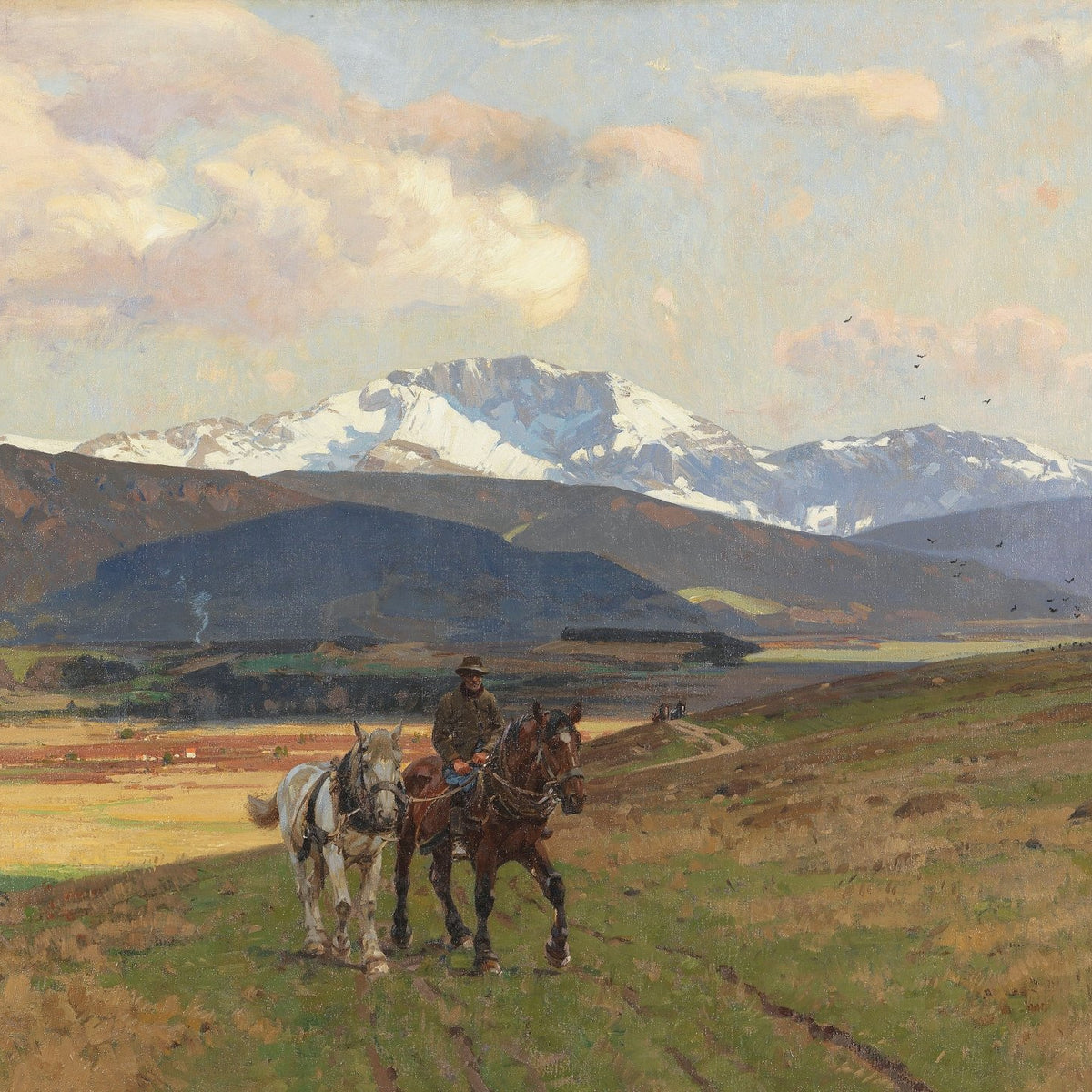 Landscape Oil Painting - Prairie & Snow - Capped Mountain, Rider, Horses - Oil Painting Haven