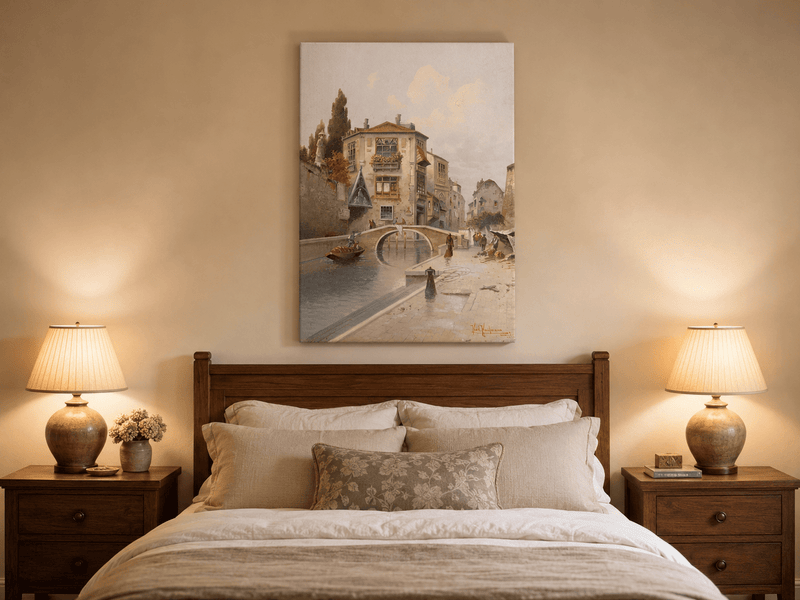 Landscape Oil Painting - Quiet European Canal Scene, Stone Bridge