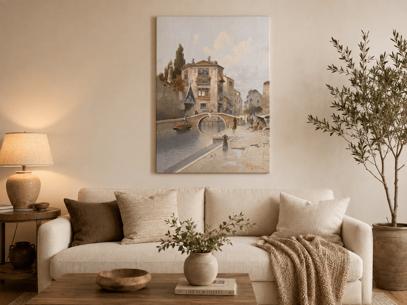 Landscape Oil Painting - Quiet European Canal Scene, Stone Bridge