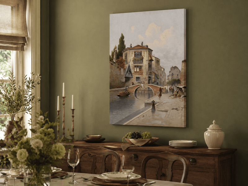 Landscape Oil Painting - Quiet European Canal Scene, Stone Bridge