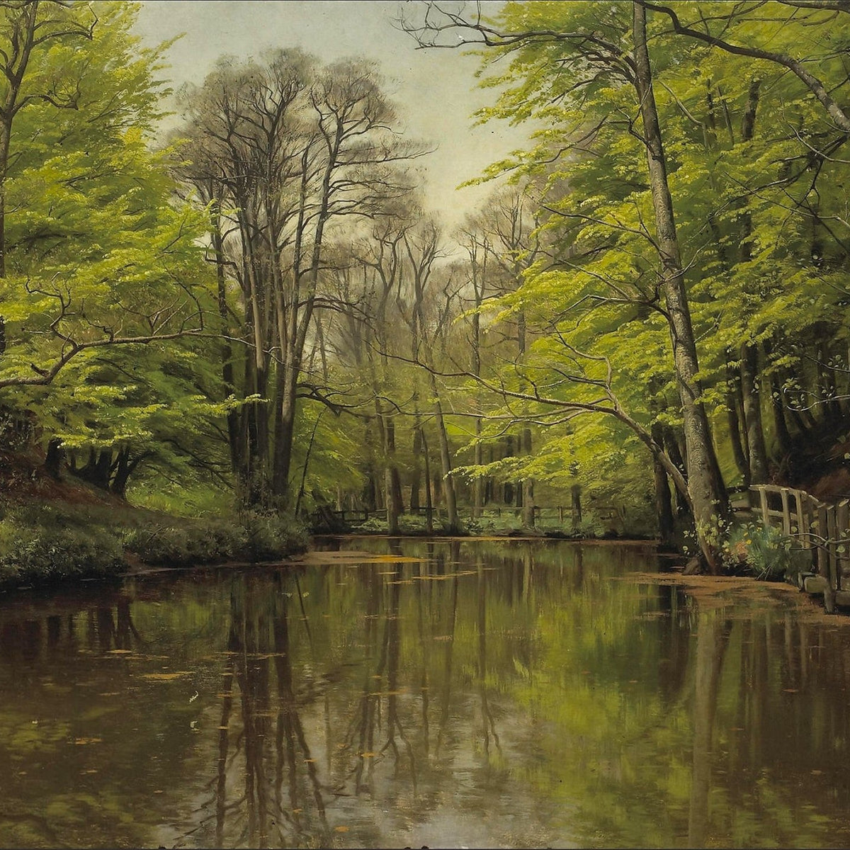 Hand-painted quiet forest pond with reflections landscape oil painting on canvas