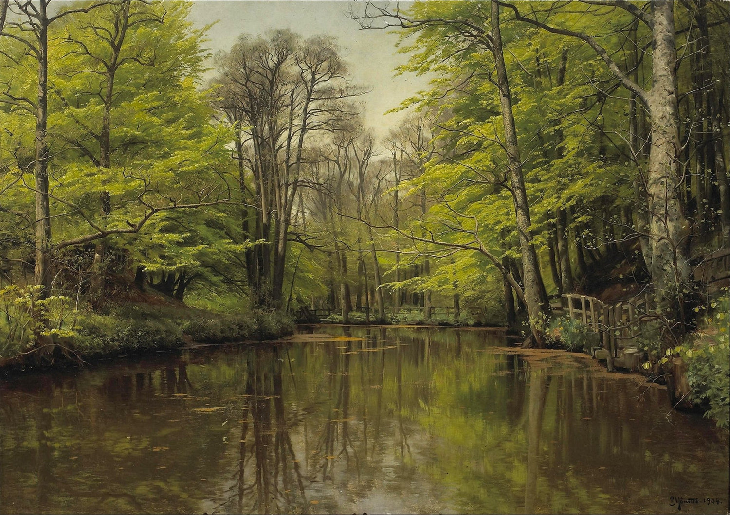 Hand-painted quiet forest pond with reflections landscape oil painting on canvas