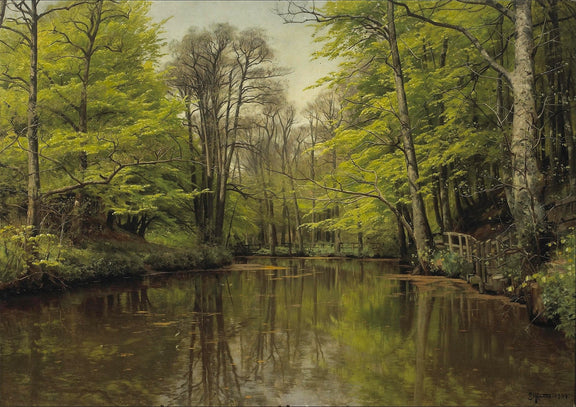Hand-painted quiet forest pond with reflections landscape oil painting on canvas