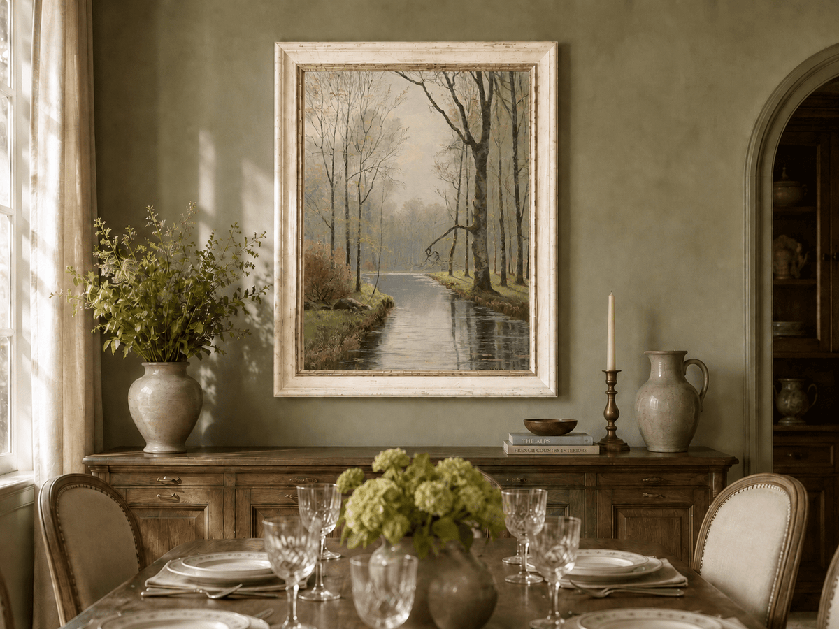 Peinture à l'huile de paysage - Ruisseau paisible en forêt au début du printemps