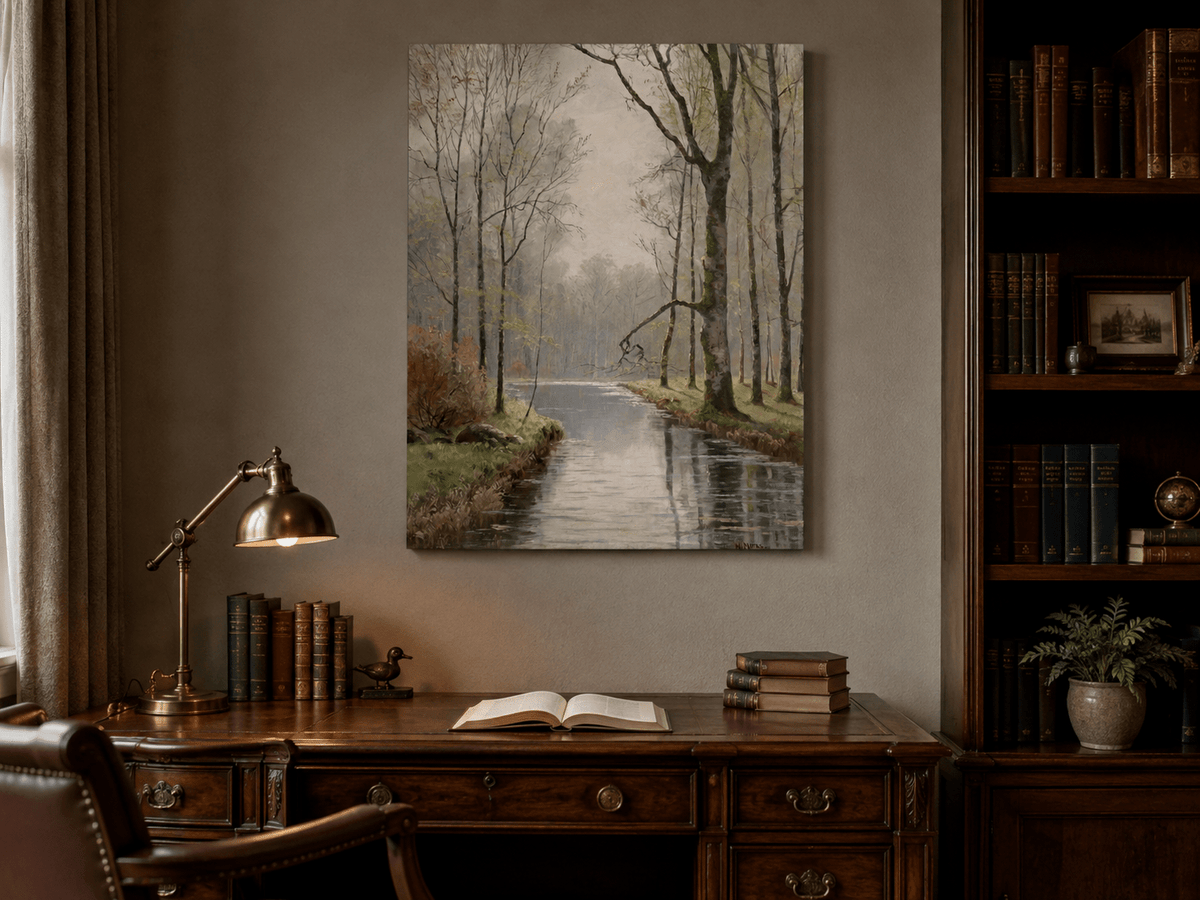 Peinture à l'huile de paysage - Ruisseau paisible en forêt au début du printemps