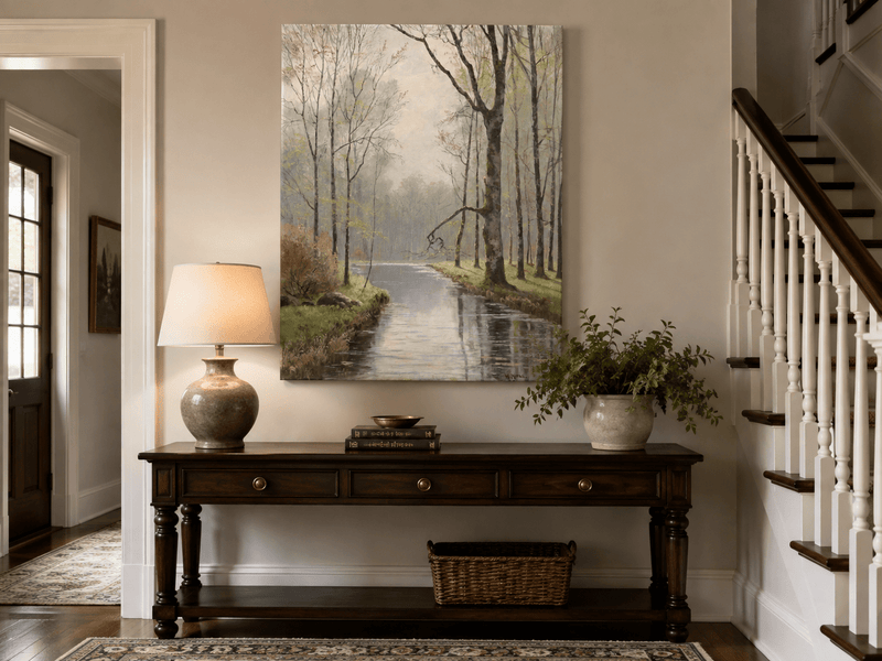 Peinture à l'huile de paysage - Ruisseau paisible en forêt au début du printemps