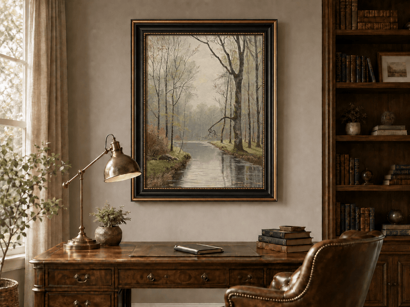 Peinture à l'huile de paysage - Ruisseau paisible en forêt au début du printemps