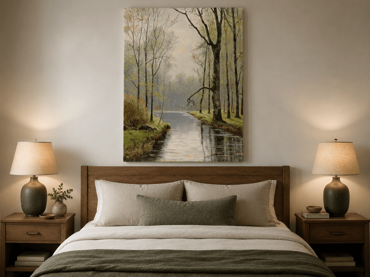 Peinture à l'huile de paysage - Ruisseau paisible en forêt au début du printemps