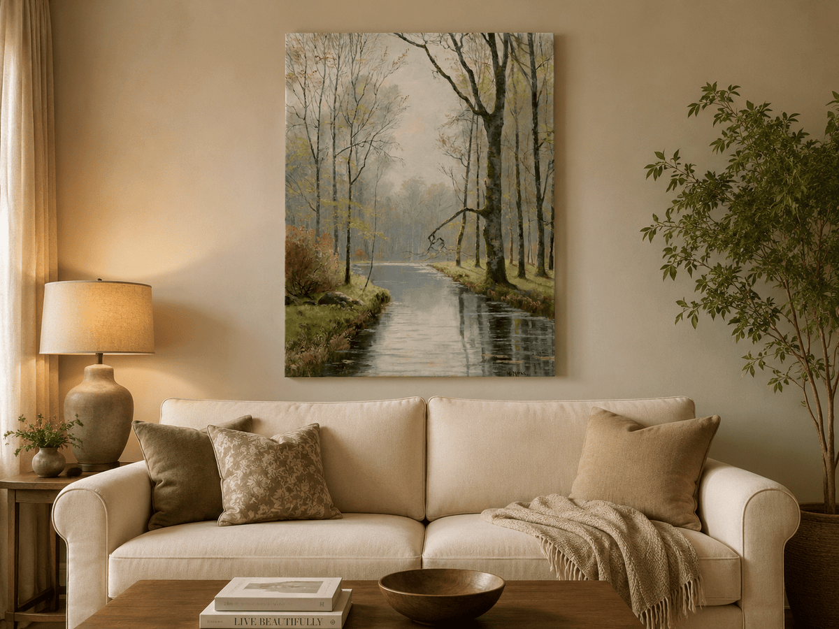 Peinture à l'huile de paysage - Ruisseau paisible en forêt au début du printemps