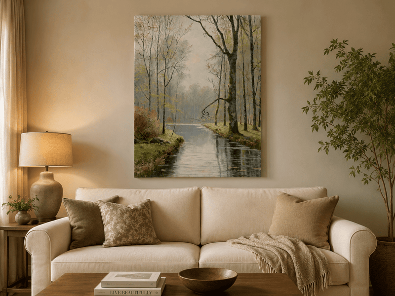 Peinture à l'huile de paysage - Ruisseau paisible en forêt au début du printemps