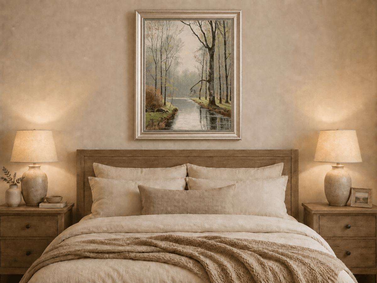 Peinture à l'huile de paysage - Ruisseau paisible en forêt au début du printemps