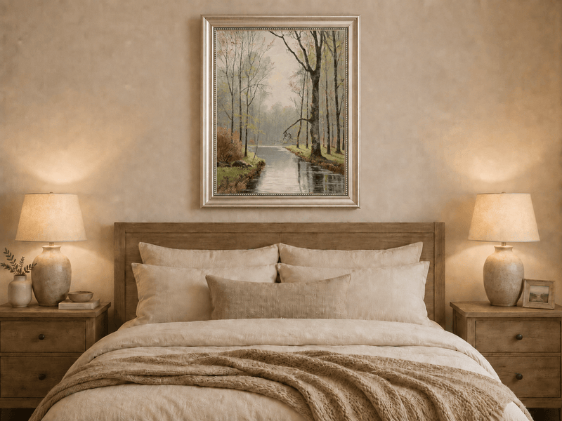 Peinture à l'huile de paysage - Ruisseau paisible en forêt au début du printemps