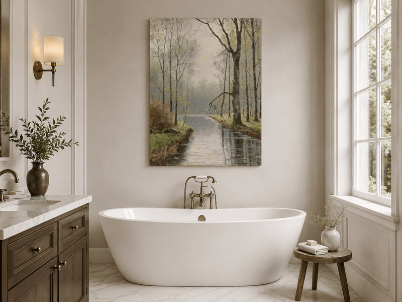 Peinture à l'huile de paysage - Ruisseau paisible en forêt au début du printemps