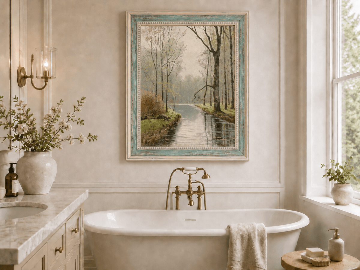 Peinture à l'huile de paysage - Ruisseau paisible en forêt au début du printemps