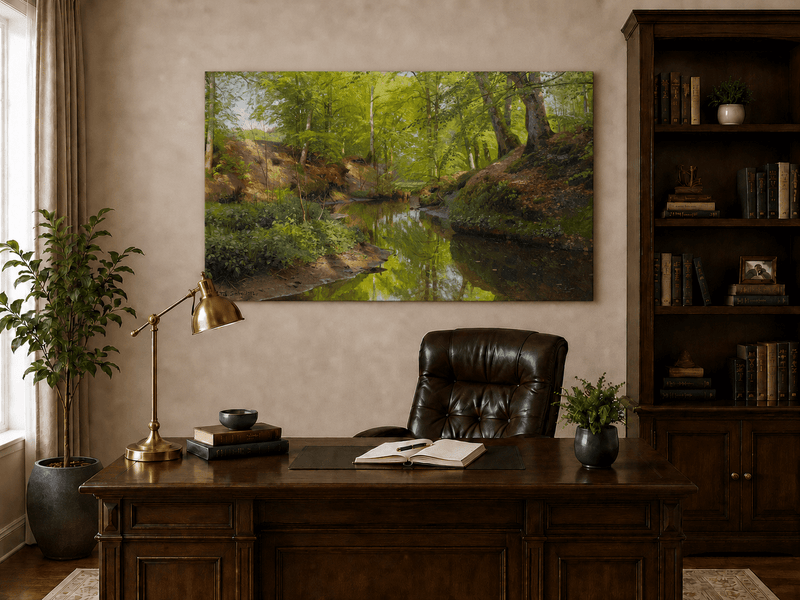 Landschaft Ölgemälde - Ruhiger Wald Bach Üppige Grüne Bäume