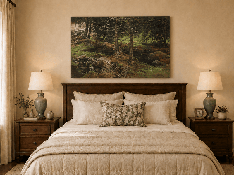 Landscape Oil Painting - Quiet Forest Stream, Mossy Rocks