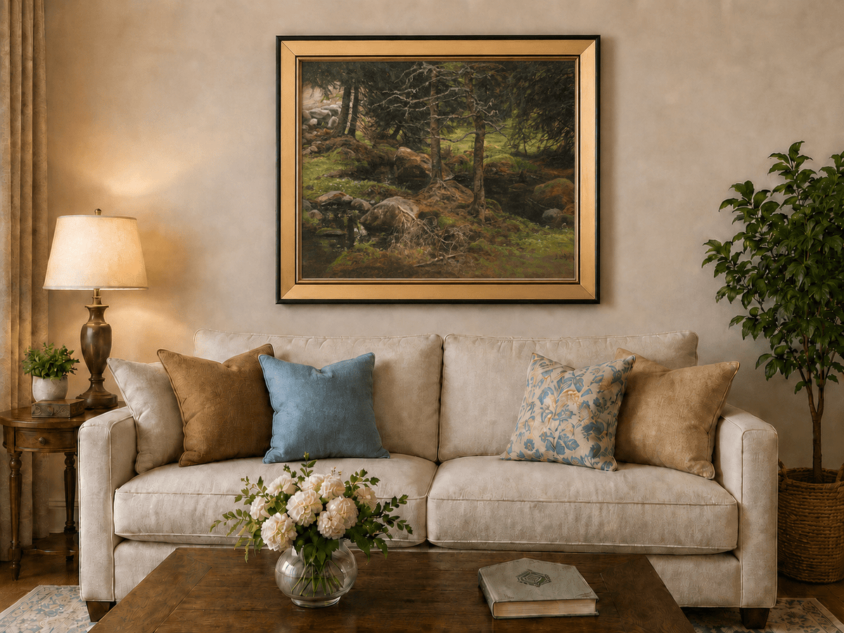 Landscape Oil Painting - Quiet Forest Stream, Mossy Rocks