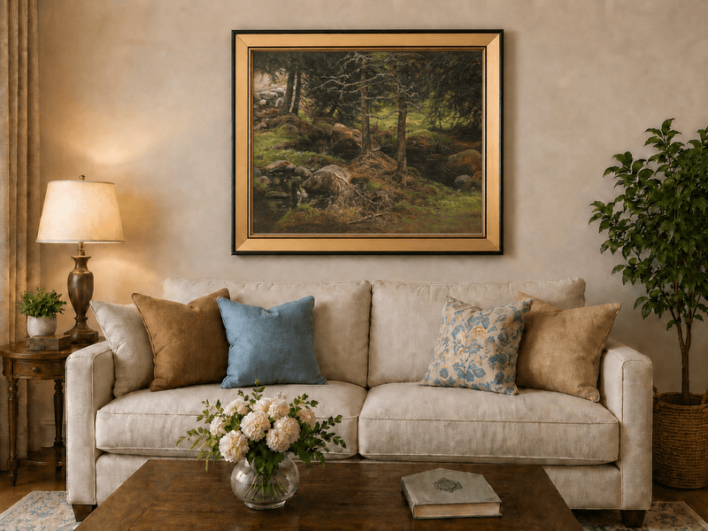 Landscape Oil Painting - Quiet Forest Stream, Mossy Rocks