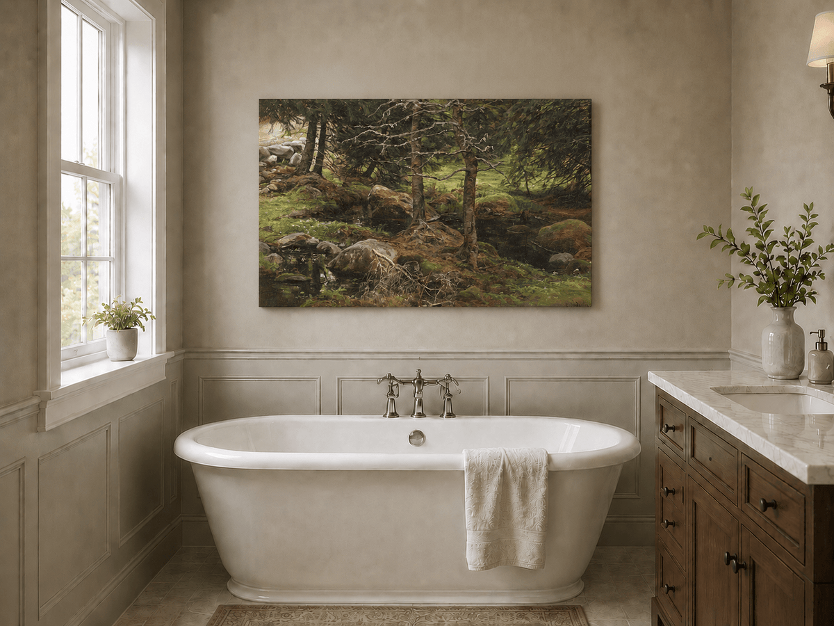 Landscape Oil Painting - Quiet Forest Stream, Mossy Rocks