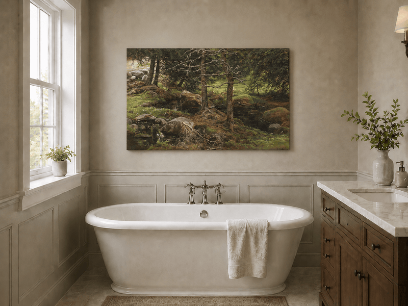 Landscape Oil Painting - Quiet Forest Stream, Mossy Rocks