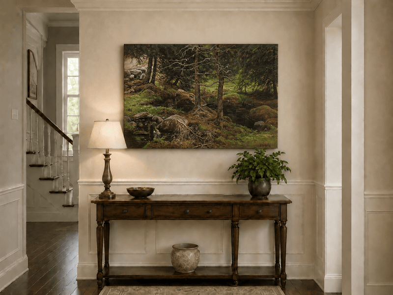 Landscape Oil Painting - Quiet Forest Stream, Mossy Rocks