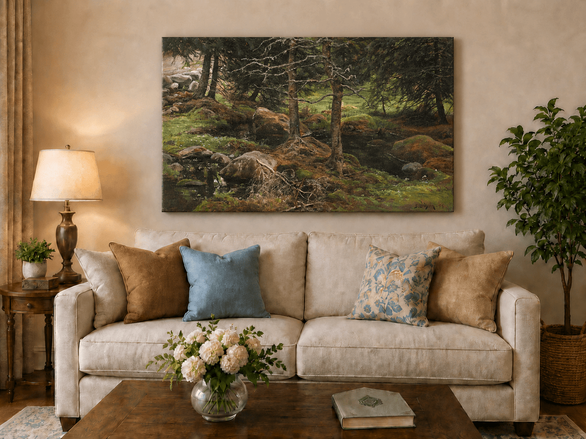 Landscape Oil Painting - Quiet Forest Stream, Mossy Rocks