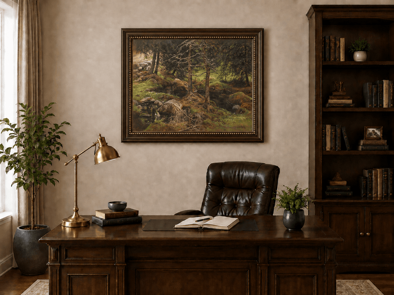Landscape Oil Painting - Quiet Forest Stream, Mossy Rocks