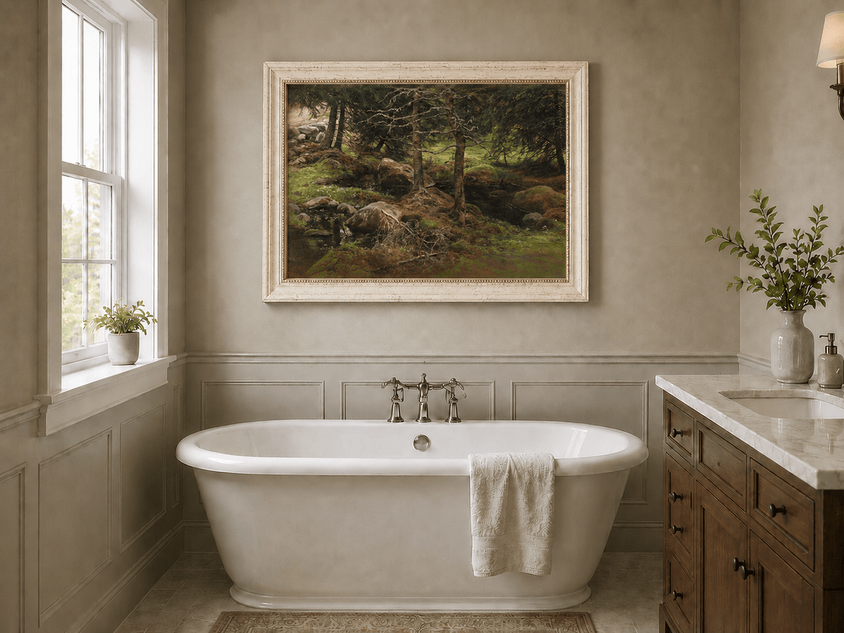 Landscape Oil Painting - Quiet Forest Stream, Mossy Rocks