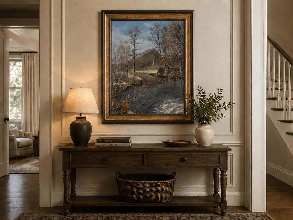 Peinture à l'huile de paysage - Ruisseau forestier paisible avec des arbres nus