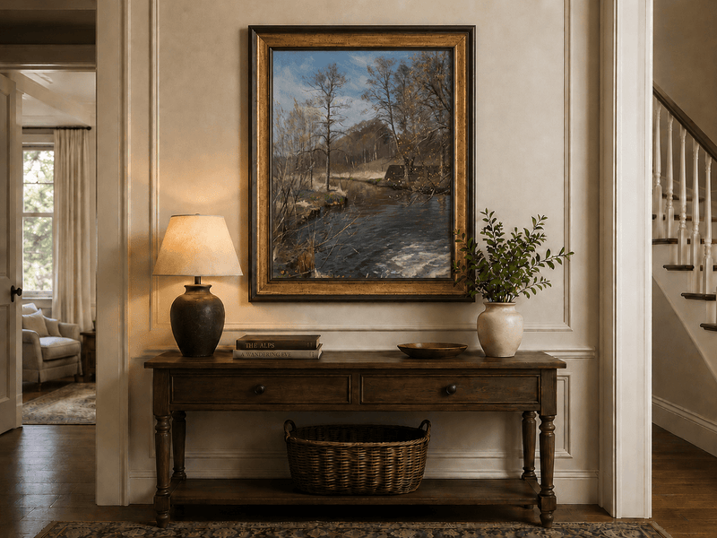Peinture à l'huile de paysage - Ruisseau forestier paisible avec des arbres nus