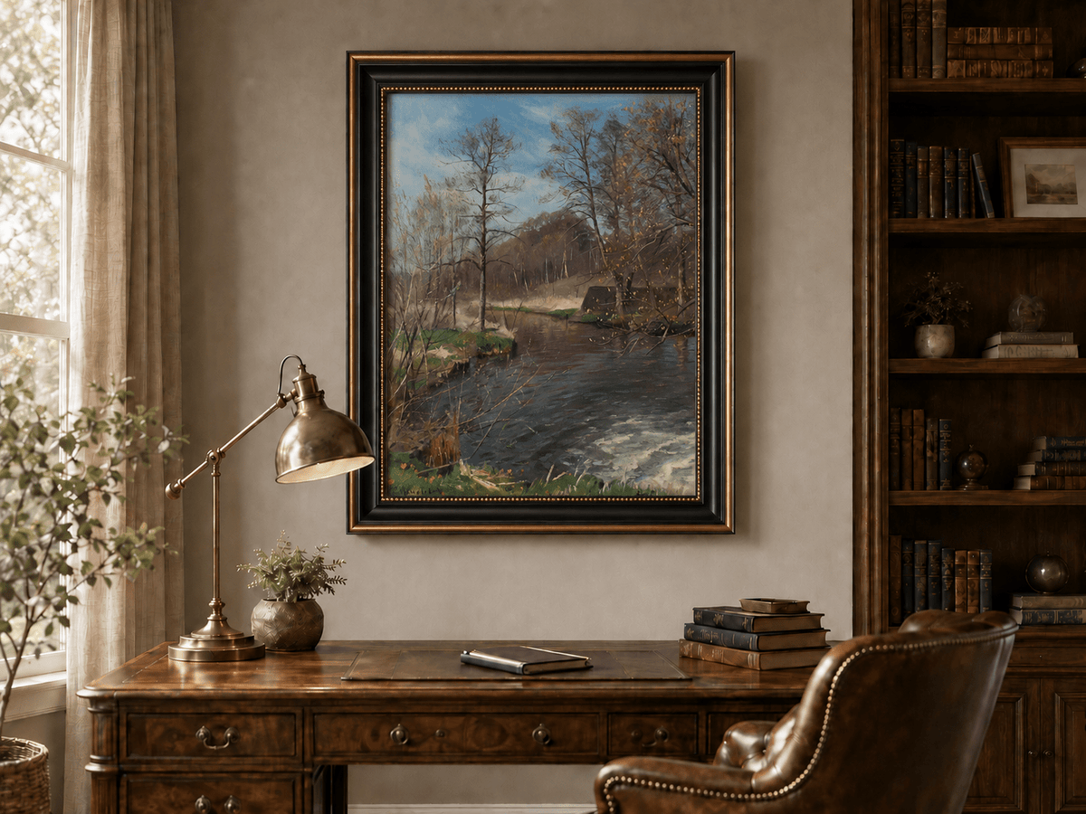 Peinture à l'huile de paysage - Ruisseau forestier paisible avec des arbres nus