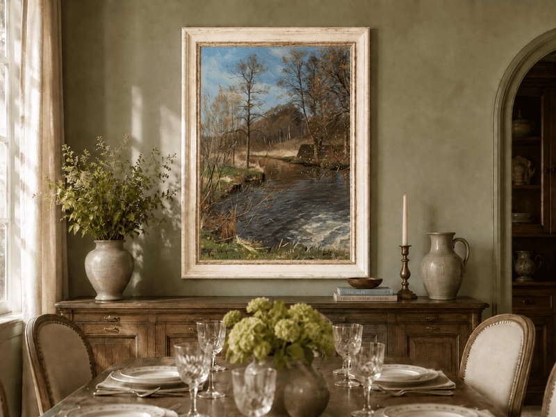 Peinture à l'huile de paysage - Ruisseau forestier paisible avec des arbres nus